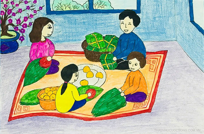 tranh vẽ mái ấm gia đình nấu nướng bánh chưng